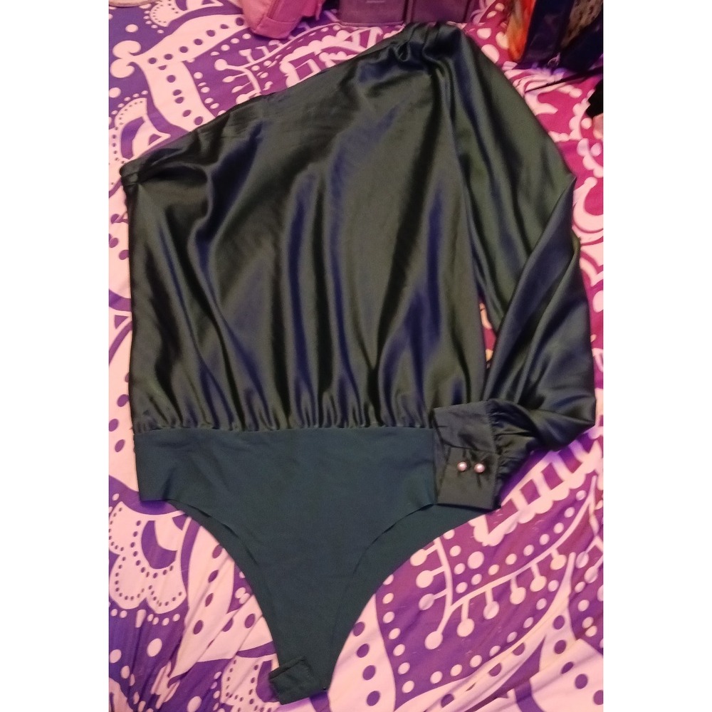 NEW‎ Women's Silky Dark Green One Shoulder Bodysuit, Size Large